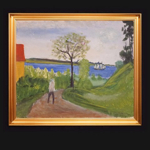 Jens Søndergaard, 1895-1957: "Die Förde bei 
......", Öl auf Leinen. Signiert und datiert 1952. 
Lichtmasse: 66x79cm. Mit Rahmen: 77x90cm