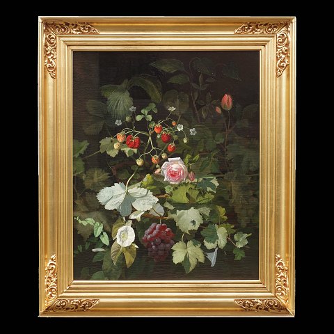 O. D. Ottesen, Broager, 1816-92: Stor 
blomsteropstilling. Olie på plade. Signeret og 
dateret 1860. Lysmål: 64x52cm. Med ramme: 81x73cm