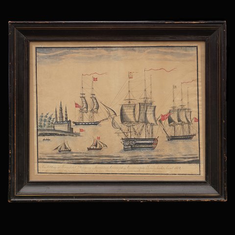 P. Rose, Marinebillede, akvarel, forestillende 
orlogsskibet "Dronning Marie", Korvetten "Najaden" 
og Briggen "Allart". Signeret og dateret 1834. 
Lysmål: 45x55cm. Med ramme: 60x70cm