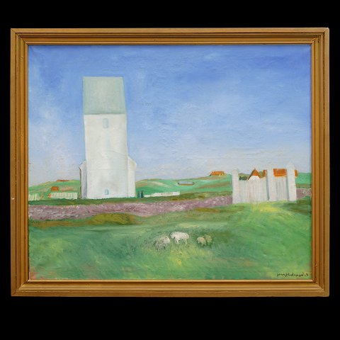 Jens Søndergaard maleri. Jens Søndergaard, 
1895-1957, olie på lærred. Landskabsmotiv med 
Ferring Kirke. Signeret og dateret 1948. Lysmål: 
109x129cm. Med ramme: 124x144cm