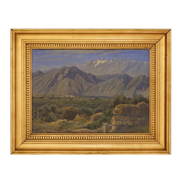 Thorald Læssøe, 1816-1878, tilskrevet, olie på lærred. Italiensk landsby ca. år 
1850. Lysmål: 33x46cm. Med ramme: 48x61cm