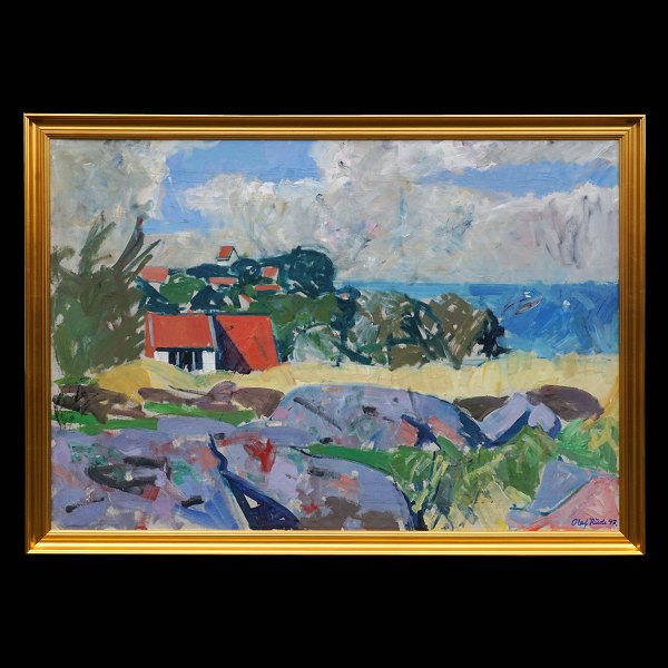 Olaf Rude, 1886-1957, Udsigt fra kunstnerens atelier, Allinge, Bornholm. Olie på 
lærred. Signeret og dateret 1943. Lysmål: 79x114cm. Med ramme: 83x118cm