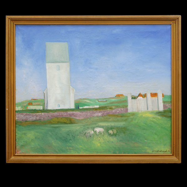 Jens Søndergaard maleri. Jens Søndergaard, 1895-1957, olie på lærred. 
Landskabsmotiv med Ferring Kirke. Signeret og dateret 1948. Lysmål: 109x129cm. 
Med ramme: 124x144cm