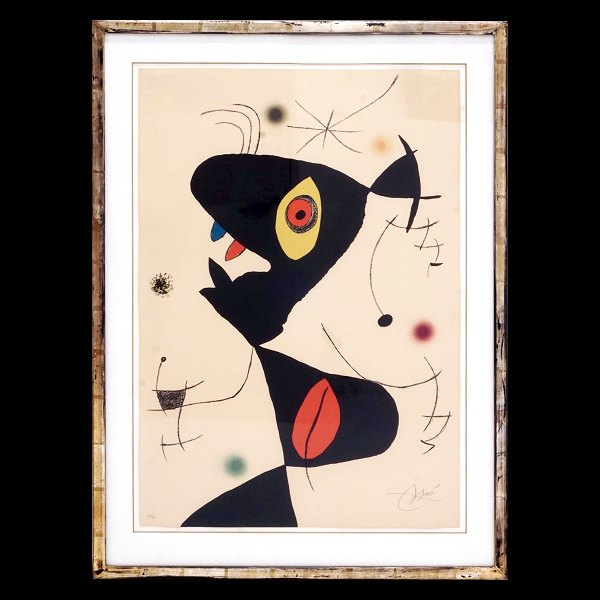 Joan Miró litografi. Joan Miro, 1893-1983, litografi i farver. Signeret og 
nummereret 48/75. Fra Oda à Joan Miró (VI) 1973. Lysmål: 88x61cm. Med ramme: 
107x79cm