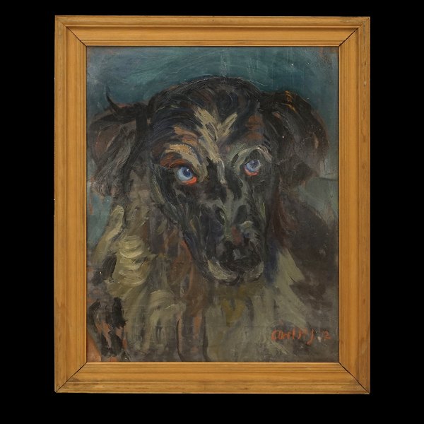 Axel P. Jensen, 1886-1972, olie på pap. Portræt af hund. Signeret og dateret 
1912. Lysmål: 42x33cm. Med ramme: 50x41cm