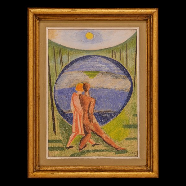 Vilhelm Bjerke Petersen, tegning. Vilhelm Bjerke Petersen, 1909-57, tegning, 
kridt på pap. Art Deco motiv med kærestepar i landskab med sol. Signeret og 
dateret 1931. Lysmål: 36x25cm. Med ramme: 48x37cm