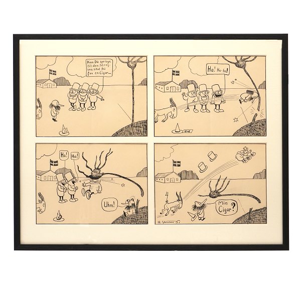 Storm P. Tegning. Robert Storm Petersen, 1882-1949, blyant og tusch. Fire originaltegninger bragt i "Verden og Vi" 1913-16, hvor "De Tre Små Mænd" og "Nummermanden" blev introduceret. Hver tegning måler ca. 20x27cm. Mål med ramme: 52x65cm