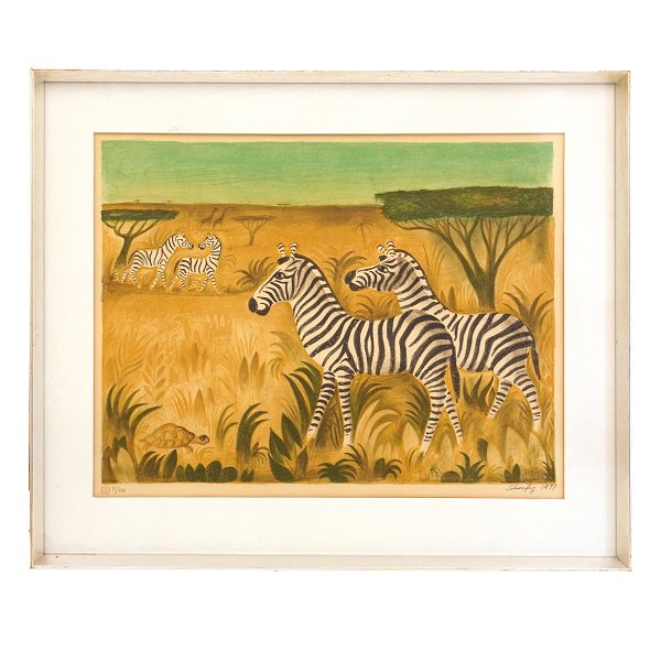 Scherfig litografi zebraer. Hans Christian Scherfig, 1905-79, litografi. Zebraer, 1971, 31/280. Lysmål: 42x55cm. Med ramme: 58x71cm